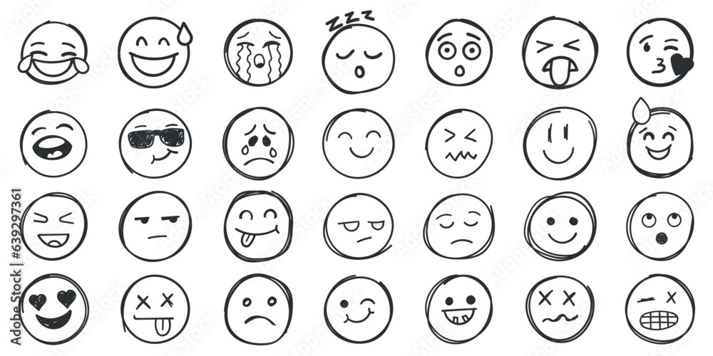 Emojis faces icon in hand drawn style. Doddle emoticons vector illustration on isolated background. Happy and sad face sign business concept. Emojis faces icon in hand drawn style. Doddle emoticons vector illustration on isolated background. Happy and sad face sign business concept.