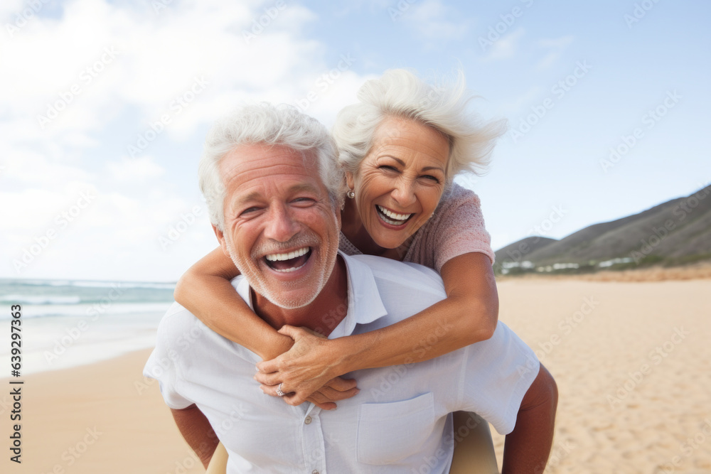 Happy mature senior couple of a man and a woman on the beach piggyback