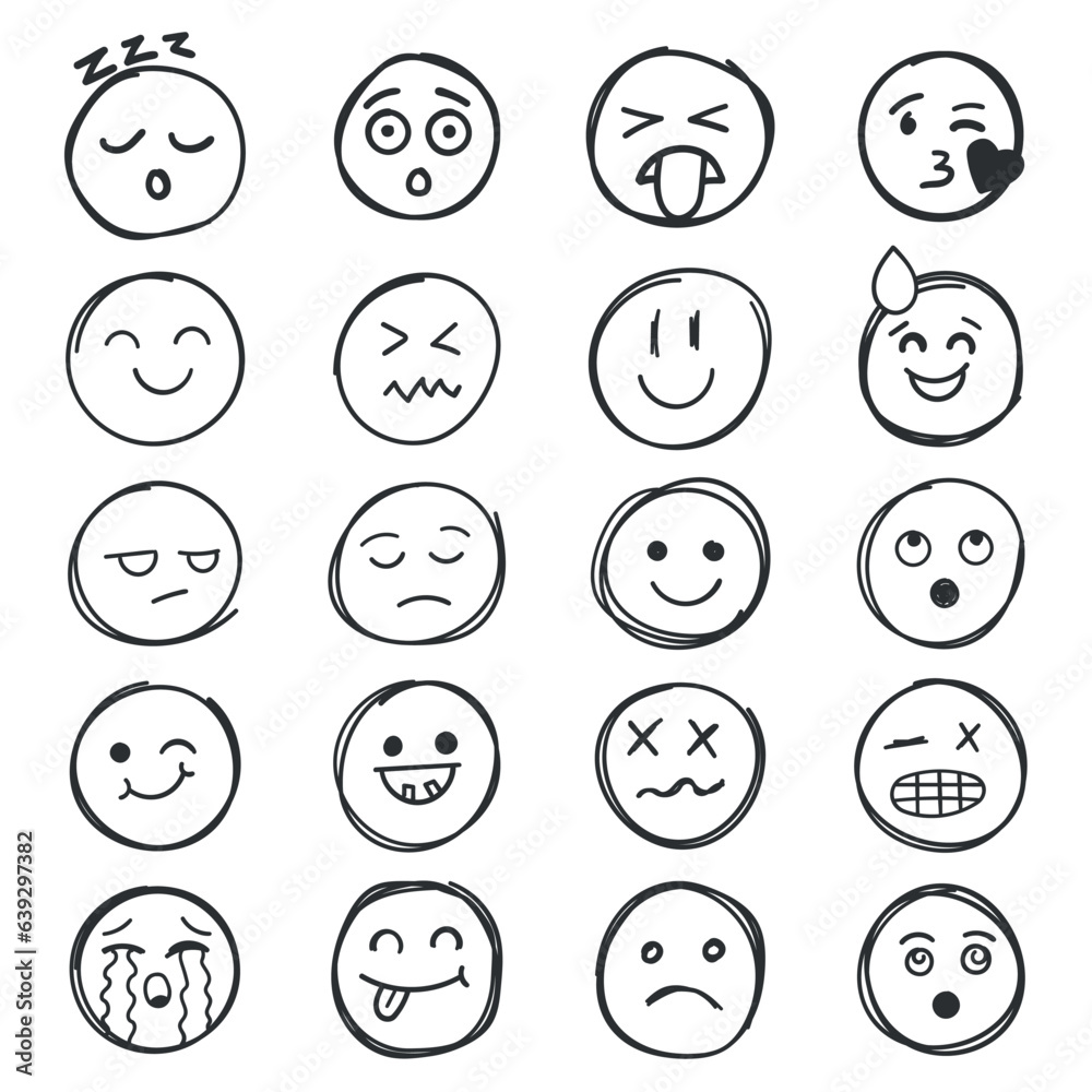 Emojis faces icon in hand drawn style. Doddle emoticons vector illustration on isolated background. Happy and sad face sign business concept. Emojis faces icon in hand drawn style. Doddle emoticons vector illustration on isolated background. Happy and sad face sign business concept.