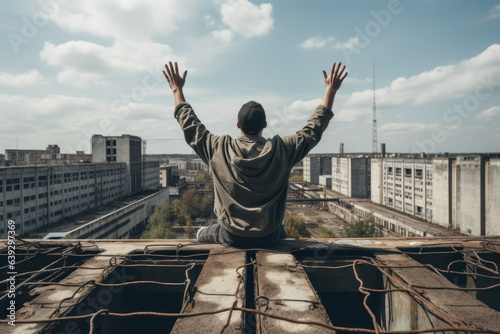 Canvas-taulu Young man doing urbex at top of an abandoned building in ruins with arms in the