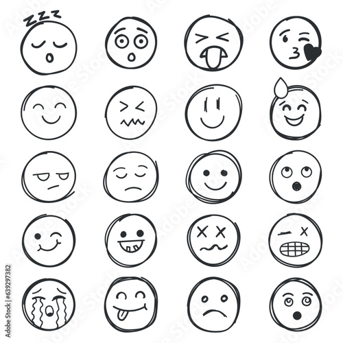 Emojis faces icon in hand drawn style. Doddle emoticons vector illustration on isolated background. Happy and sad face sign business concept.