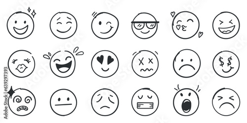 Emojis faces icon in hand drawn style. Doddle emoticons vector illustration on isolated background. Happy and sad face sign business concept.