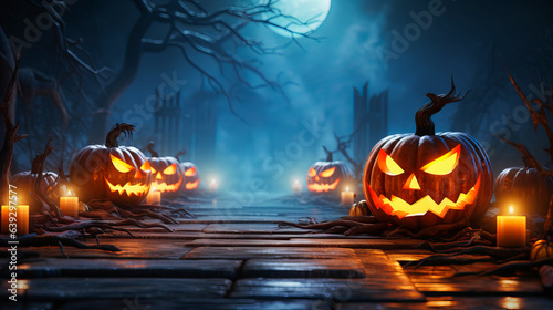 "Halloween night background with a cemetery and pumpkins and moon. High detailed realistic illustration "