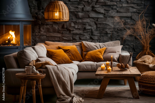 Beautiful and modern autumn interior. A large window with the setting sun, a fire in the fireplace, lighted candles on the table.