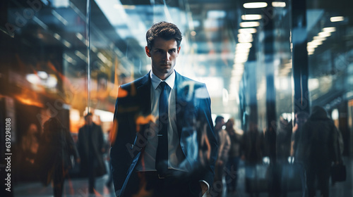 Handsome man in suit traveling in the city, building, blurred sunlight, blur effect.