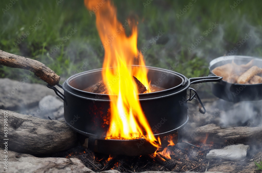 Metal campfire enamel mug with hot herbal tea on campfire. a pot of water boiling over a fire and a flame. Preparing food on campfire in wild camping, digital ai Metal campfire enamel mug with hot herbal tea on campfire. a pot of water boiling over a fire and a flame. Preparing food on campfire in wild camping, digital ai