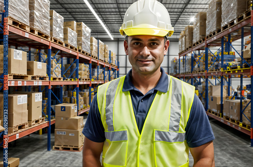 Efficiency and Safety: Authentic Scene of Worker in Yellow Safety Gear Within Warehouse