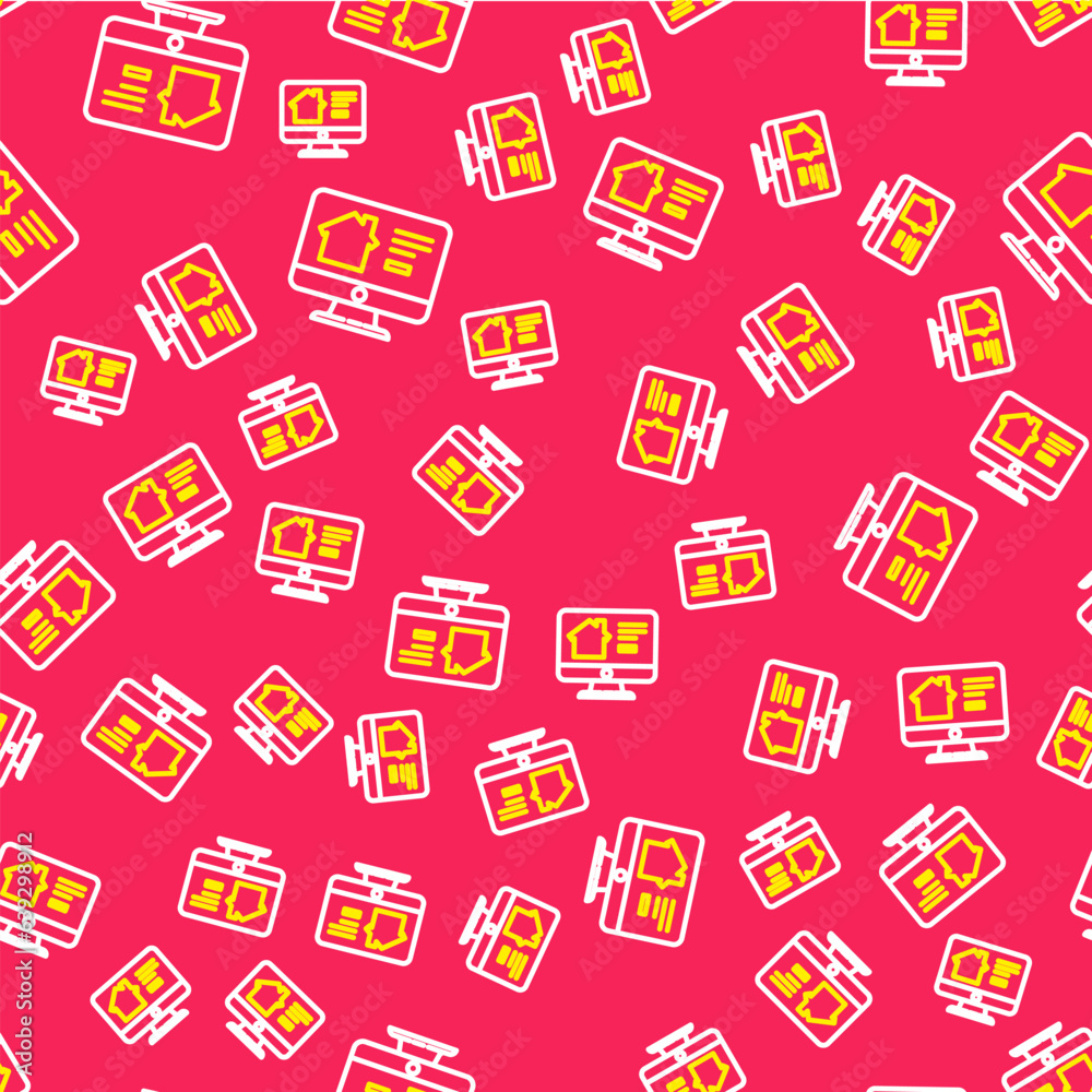 Line Online real estate house on monitor icon isolated seamless pattern on red background. Home loan concept, rent, buy, buying a property. Vector Line Online real estate house on monitor icon isolated seamless pattern on red background. Home loan concept, rent, buy, buying a property. Vector