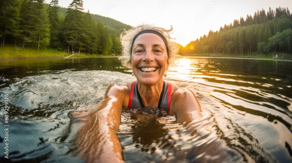 Fototapeta premium Selfie image of mature happy woman swim in the lake in middle of beautiful natural landscape