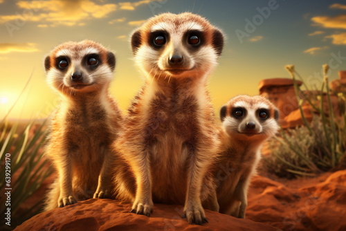 Group of meerkat in the desert at sunset