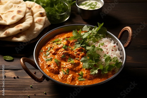 Exquisite fusion Indian butter chicken in black bowl on rustic wooden table Generative AI