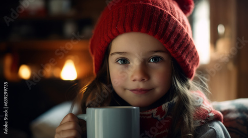a child with rosy cheeks sipping hot cocoa by the fireplace their eyes sparkling with warmth and contentment after a day of playing in the snow. 