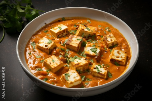 Flavorful fusion Vertical shot showcasing traditional paneer butter masala, a rich cottage cheese curry Generative AI
