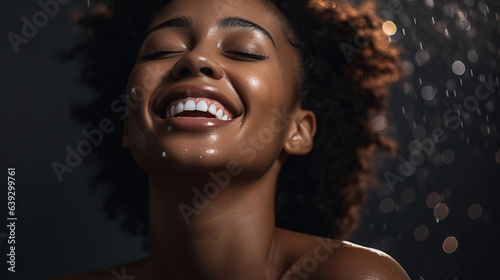 A woman's face lights up with joy as she gently pats her skin after applying a hydrating essence relishing the sensation of nourishment and care. 
