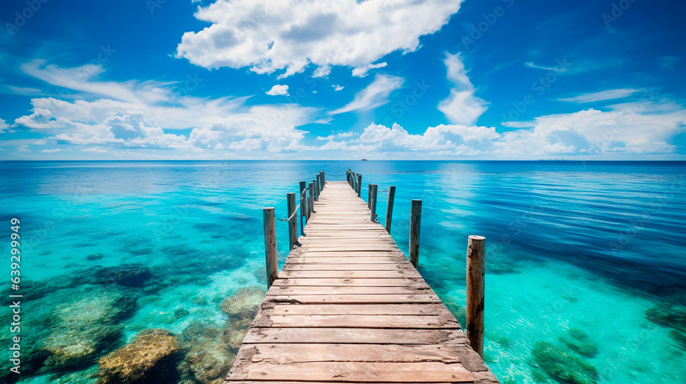 Naklejka premium 青い珊瑚礁の海と木製の桟橋