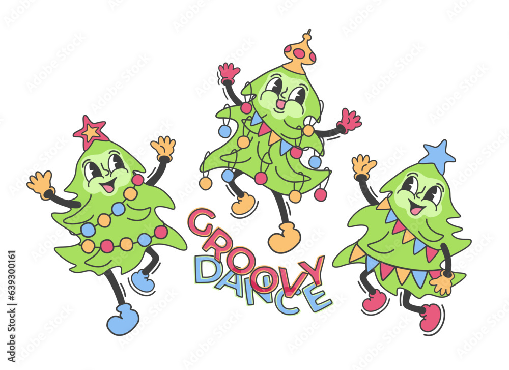 Fototapeta premium Groovy dance of Christmas trees. Retro cartoon vector isolated illustration with lettering.