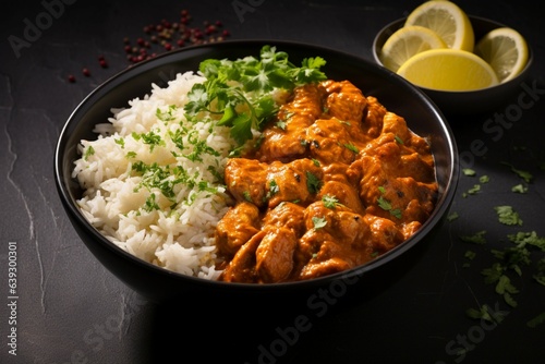 Rich indulgence Indian butter chicken in a black bowl against a dark backdrop Generative AI