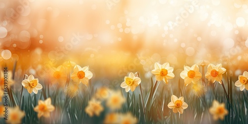 Blooming Beauty Daffodils Wallpaper - A Nature Display Adorned by Bokeh - Leaving a Gentle Space for Words - Beautiful Bokeh Daffodils Backdrop created with Generative AI Technology © Generative Plants