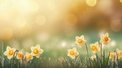 Blooming Beauty Daffodils Wallpaper - A Nature Display Adorned by Bokeh - Leaving a Gentle Space for Words - Beautiful Bokeh Daffodils Backdrop created with Generative AI Technology