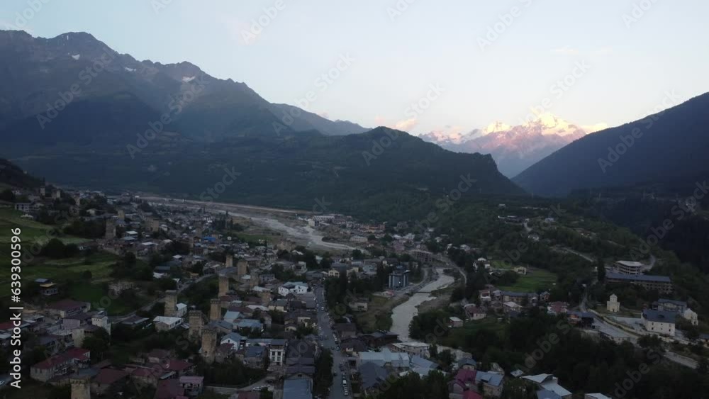 This is an aerial drone camera shot of village in Svaneti region, Georgia, Caucasus mountains. Shot taken on a sunny summer day Mestia, ushguli , georgia This is an aerial drone camera shot of village in Svaneti region, Georgia, Caucasus mountains. Shot taken on a sunny summer day Mestia, ushguli , georgia