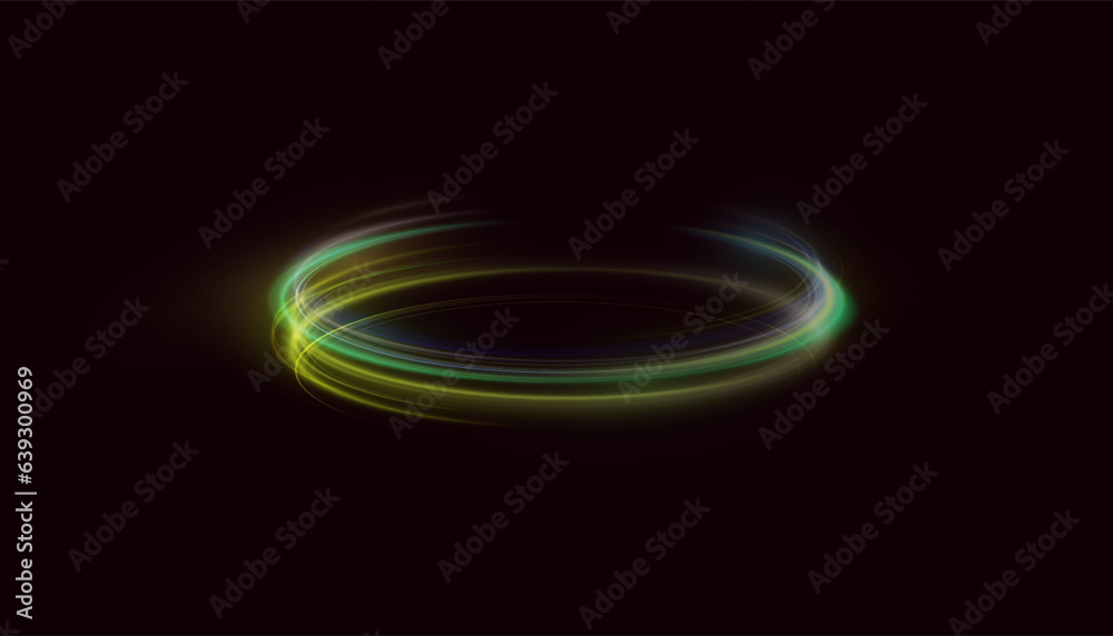 Abstract neon gold ring with a green tint. A bright plume of luminous rays swirling in a fast spiraling motion. Light golden swirl. Curve gold line light effect. Vector	