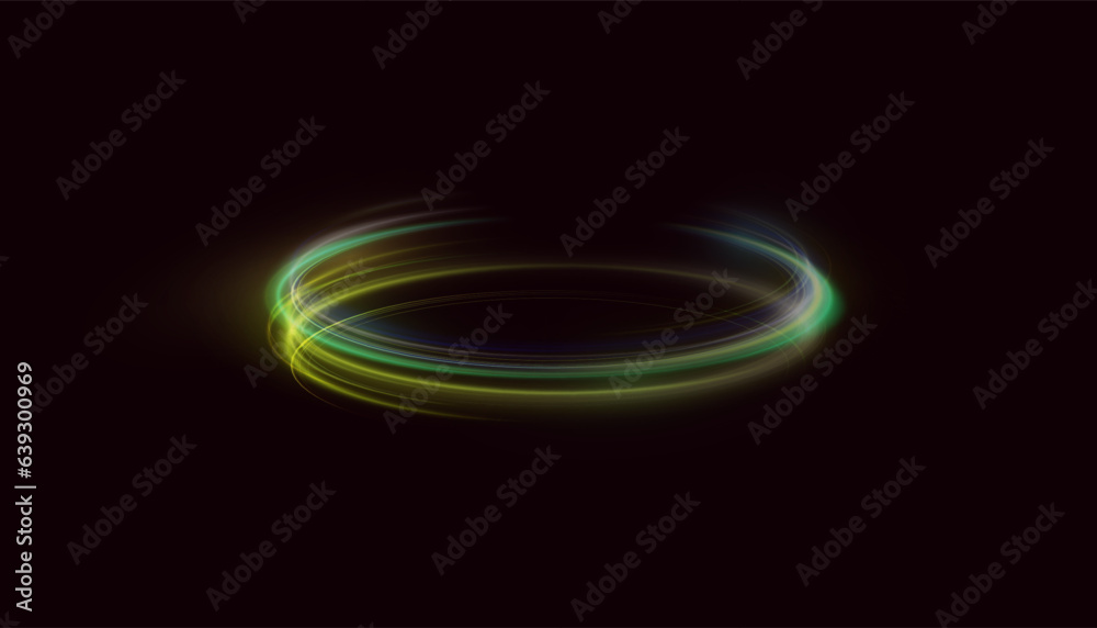 Abstract neon gold ring with a green tint. A bright plume of luminous rays swirling in a fast spiraling motion. Light golden swirl. Curve gold line light effect. Vector Abstract neon gold ring with a green tint. A bright plume of luminous rays swirling in a fast spiraling motion. Light golden swirl. Curve gold line light effect. Vector