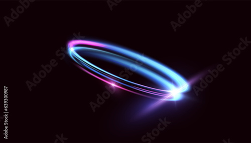 Abstract neon blue-violet ring. A bright plume of luminous rays swirling in a fast spiraling motion. Light golden swirl. Curve gold line light effect. Vector 
