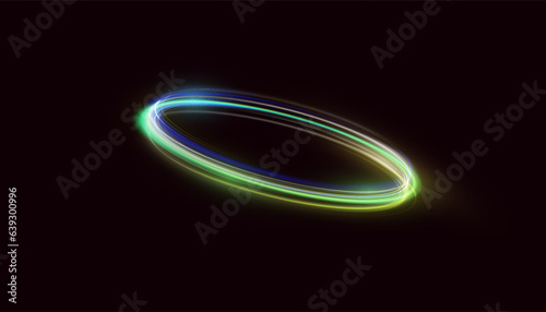 Abstract neon gold ring with a green tint. A bright plume of luminous rays swirling in a fast spiraling motion. Light golden swirl. Curve gold line light effect. Vector	