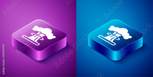 Isometric Nuclear explosion icon isolated on blue and purple background. Atomic bomb. Symbol of nuclear war, end of world. Square button. Vector