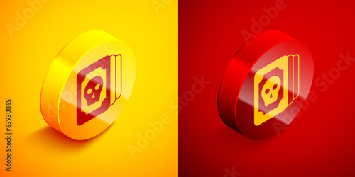 Isometric Tarot cards icon isolated on orange and red background. Magic occult set of tarot cards. Circle button. Vector