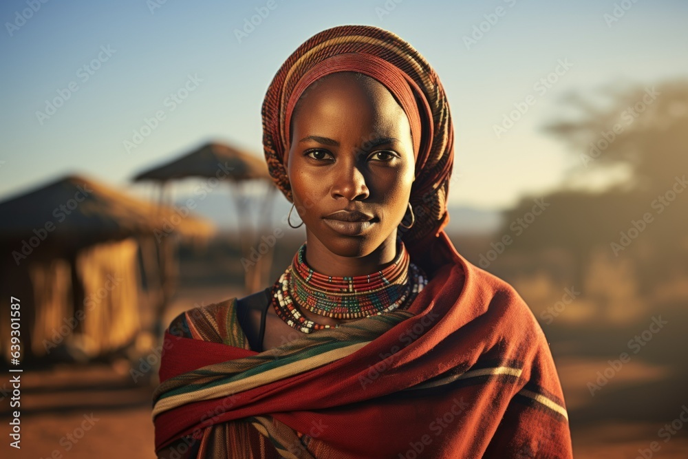 Portrait of a fictional traditional South-Saharan African woman in the savannah. Generative AI.