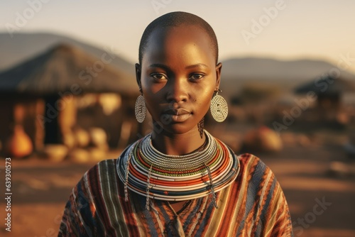 Portrait of a fictional traditional South-Saharan African woman in the savannah. Generative AI.