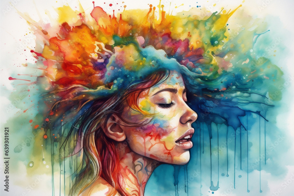 face woman lip colourful art beauty colours illustration style portrait watercolor. Generative AI.