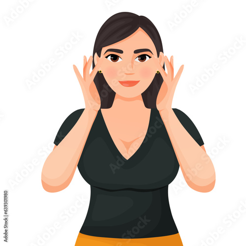 a girl with dark hair in a black T-shirt does facial exercises facefitness faceyoga