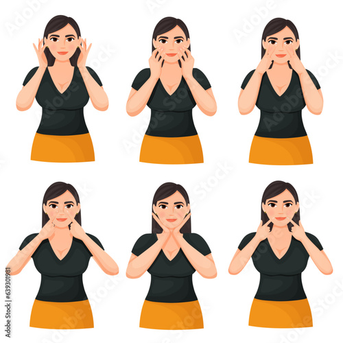 a girl with dark hair in a black T-shirt does facial exercises facefitness faceyoga