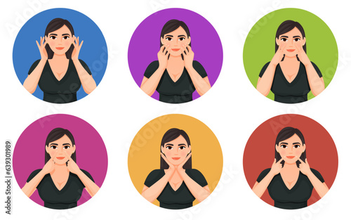 a girl with dark hair in a black T-shirt does facial exercises facefitness faceyoga set