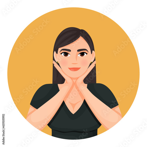 a girl with dark hair in a black T-shirt does facial exercises facefitness faceyoga