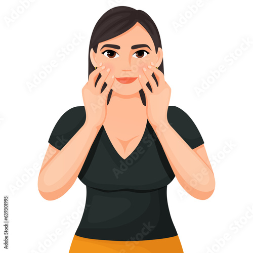 a girl with dark hair in a black T-shirt does facial exercises facefitness faceyoga