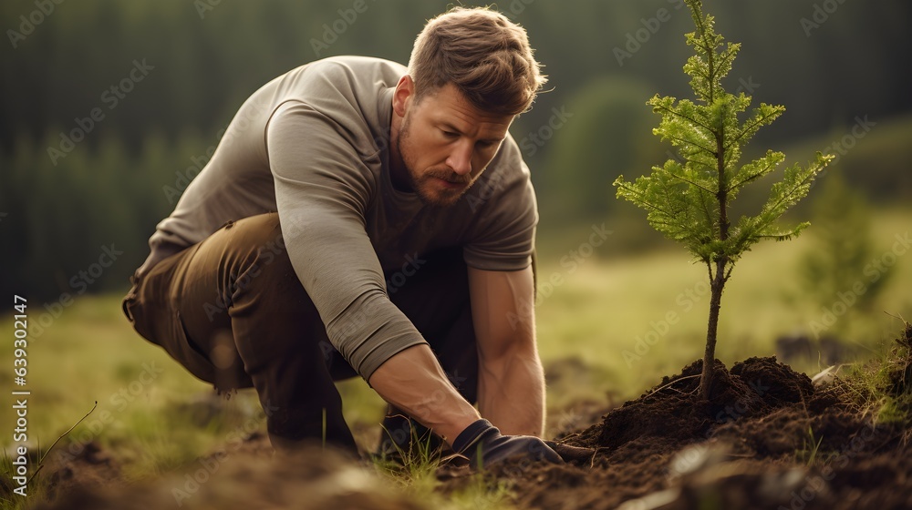 Fototapeta premium Young Man Planting Sapling in Reforestation Effort, Emphasis on Ecology and Conservation. Generative AI