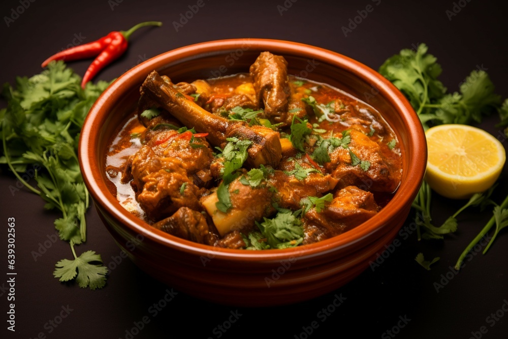 Spiced delight Indian lamb rogan josh mutton gosht, masala infused, served in a focused bowl Generative AI