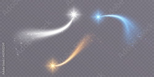 Golden magic comet with lots of sparkling dust shimmering light effects. Magic golden wind for web design and fabulous decoration. vector png	