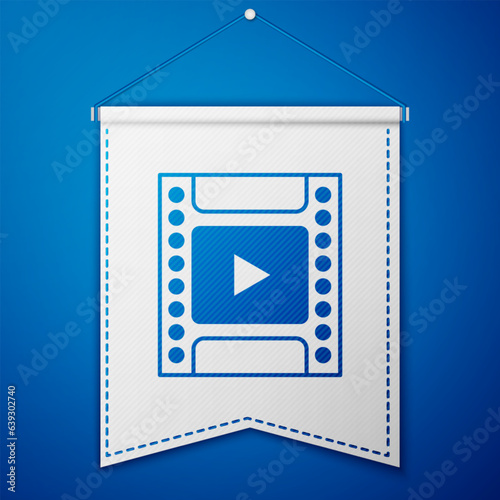 Blue Camera vintage film roll cartridge icon isolated on blue background. 35mm film canister. Filmstrip photographer equipment. White pennant template. Vector