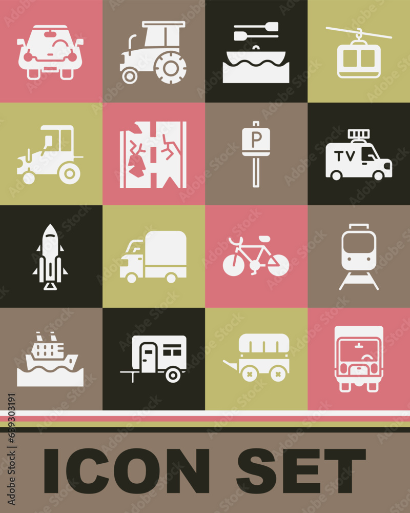 Set Delivery cargo truck, Train and railway, TV News, Boat with oars, Broken road, Tractor, Car and Parking icon. Vector Set Delivery cargo truck, Train and railway, TV News, Boat with oars, Broken road, Tractor, Car and Parking icon. Vector