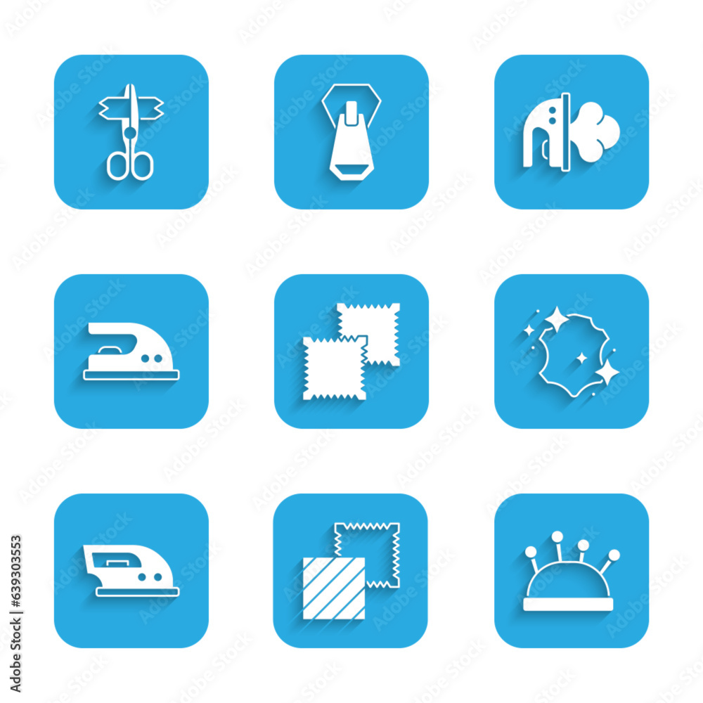 Set Textile fabric roll, Needle bed and needles, Leather, Electric iron, and Scissors icon. Vector Set Textile fabric roll, Needle bed and needles, Leather, Electric iron, and Scissors icon. Vector