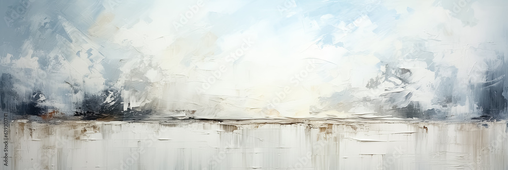 Ölmalerei mit abstrakten haptischen dynamischen Linien von Pinselstrichen und Farbspachtelauftrag in Weiß, Hellblau, Beige und Schwarz auf Leinwand als winterliche Hintergrundtextur. Panorama - obrazy, fototapety, plakaty 