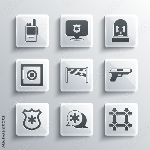 Set Hexagram sheriff, Prison window, Pistol or gun, Crime scene, Police badge, Safe, Walkie talkie and Flasher siren icon. Vector