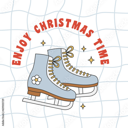 Christmas greeting card ice skates in groovy retro style. Figure skating skates, stars and text