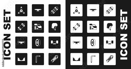 Set Broken skateboard, Cinema camera, Longboard or, Skateboard Y-tool, helmet, wheel, and icon. Vector