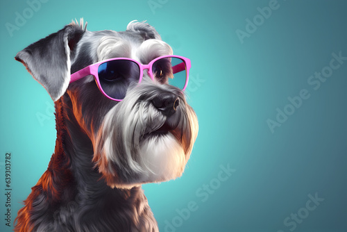 Creative animal concept. Schnauzer dog puppy in sunglass shade glasses isolated on solid pastel background, commercial, editorial advertisement, surreal surrealism