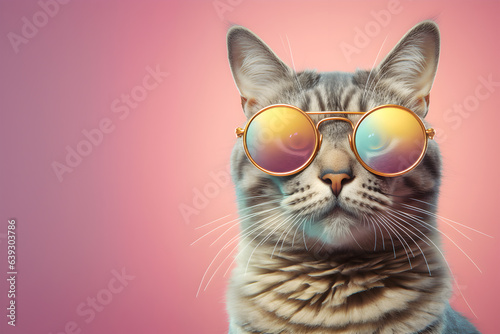 Creative animal concept. Tabby cat kitty kitten in sunglass shade glasses isolated on solid pastel background, commercial, editorial advertisement, surreal surrealism